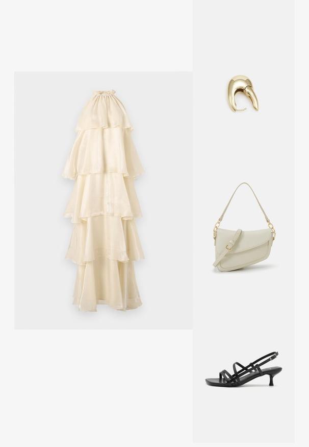 Krekliņas maxi kleita krēmkrāsā, izgatavota no maiga, glancēta auduma. Augsta apkakle ar savāktiem elementiem, iekļautas kārtas un plūstoša siluets.; Melni papēžu sandales ar vairākiem krustveida siksnām. Gluda materiāla, norādīta purngala un šaura papēža. Regulējama potītes siksna ar sprādzīti.; Maza krēmkrāsas rokas soma ar teksturētu apdari, garu regulējamu siksniņu, ķēdes akcentu un vāciņa aizdari. Zelta aparatūras detaļas.; Zeltīti metāla auskari ar gludu, izliekta dizaina. Ar atšķirīgu smailu formu, pulētu virsmu un eņģu aizdari.
