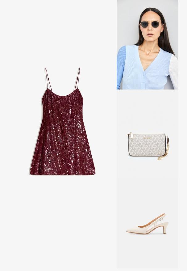 Burgundowa sukienka z cekinami o cienkich, regulowanych ramiączkach, w kształcie litery A, z błyszczącą strukturą, pokryta w całości cekinami, co dodaje jej blasku.; Biała szpilka slingback z ostrym noskiem, gładkim materiałem wierzchnim, niskim obcasem blokowym oraz wycięciami po bokach i regulowanym paskiem z klamrą.; Okrągłe okulary przeciwsłoneczne z ciemnymi soczewkami i złotymi ramkami. Modelka nosi jasnoniebieski kardigan w prążki z guzikami i białymi rękawami w kontrastowym kolorze.; Portfel na nadgarstek marki Michael Kors w beżowej, pokrytej płótnem, z powtarzającym się wzorem logo MK, złotym okuciem i odpinanym łańcuszkowym paskiem.