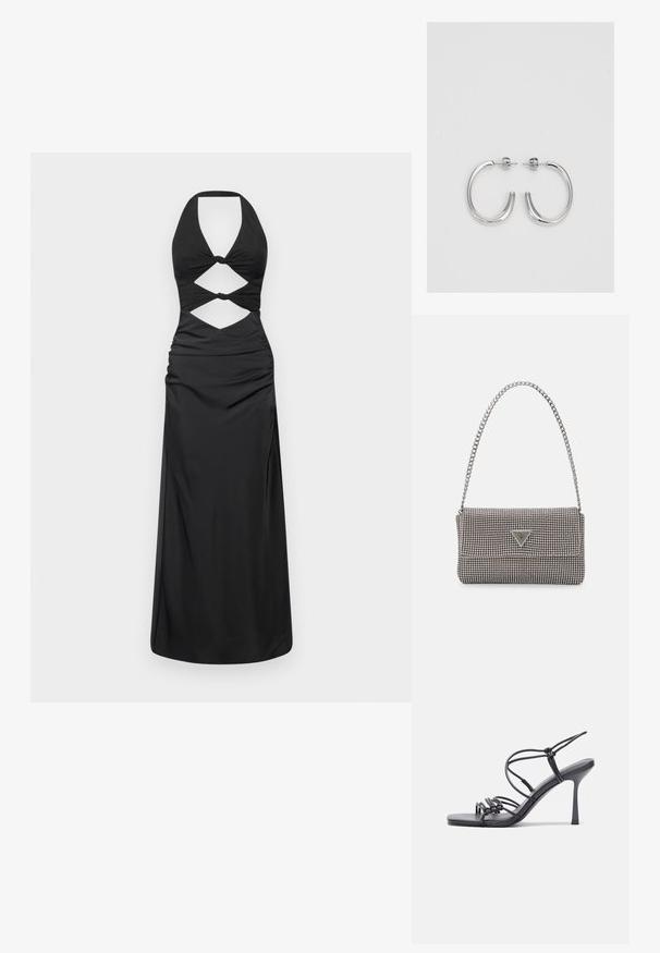 Juodas halter tipo suknelė su išpjovomis ir mazgų akcentais. Pagaminta iš lygaus audinio, turi prigludusią liemenę ir laisvai krintančią sijoną.; Juodos aukštakulnės sandalai pasižymi plonyčiais dirželiais su mazgo dizainu, lygiu kvadratiniu pirštu ir elegantišku stiletto kulnu.; Šviesiai pilka metalinė rankinė su grandinėlės dirželiu, papuošta mažais apvaliais metaliniais smeigėmis ir trikampiu prekės ženklu.; Sidabrinės auskarai žiedai su lygiu, blizgiu paviršiumi. Suapvalinta forma, lengvas dizainas, su uždarymu ant smeigtuko.