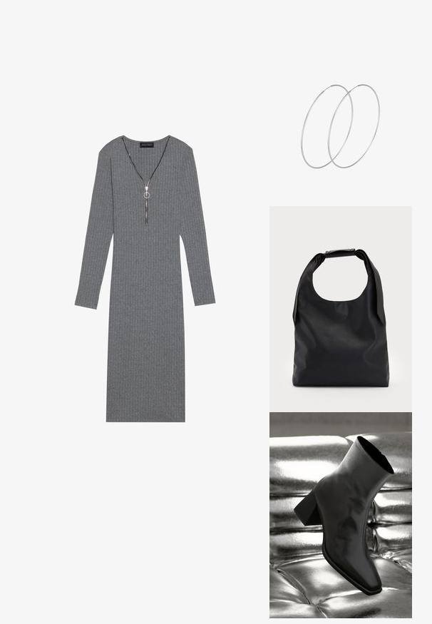 Graues geripptes Langarmkleid mit tiefem V-Ausschnitt und silbernem Reißverschlussdetail, ausgestattet mit einem runden Zipper und taillierter Silhouette.; Schwarzer Knöchelstiefel aus glänzendem Material mit quadratischer Zehenform und verjüngtem Absatz, vor einem glänzenden silbernen gepolsterten Hintergrund.; Schwarze Leder-Hobo-Tasche mit einem einzelnen, weichen, abgerundeten Griff; verfügt über eine glatte Textur und ein minimalistisches Design. Keine sichtbaren Beschläge oder Akzente.; Silberne Creolen mit minimalistischem Design. Rundform, glatte Oberfläche und dünnes Profil. Leichtgewichtig mit hochglänzender Oberfläche.