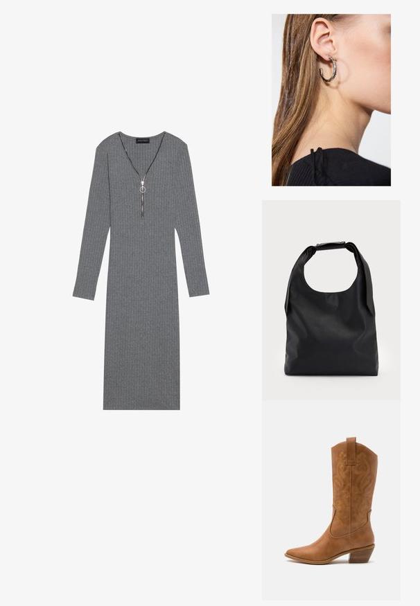 Halli soonikkidega hall pikkade varrukatega kleit, millel on sügav V-kaelus ja hõbedane lukk, ringikujuline tõmblukk ja keha lähedane siluett.; Kohvitooni nahast cowboy-kork, millel on terav varvas, tikitud keerised varrel ja virnastatud ploki konts. Omab tõmbeava, et seda oleks lihtne jalga panna.; Mustast nahast käekott, millel on suur avatud ülaosa ja üks õlavarras. Pehme tekstuur, minimalistlik disain, peened metalldetailid.; Hõbedane rõngas kõrvarõngas poleeritud viimistlusega, millel on väikesed kuldsed aktsendid ja ümmargune kuju, kantud lobus.