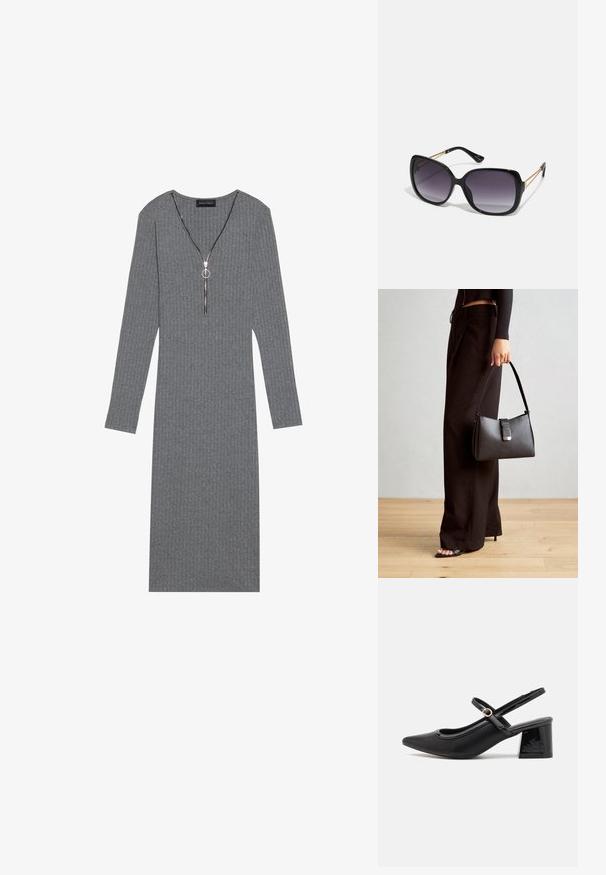 Grå ribbete langermet kjole med dyp V-hals og sølvglidelåsdetalj, med en sirkulær trekkflik og tettsittende silhuett.; Sorte lakk lær slingback hæler med spiss tå, et avrundet utskjæringsdesign og blokkheel. Har en gulltone spenne som detalj.; Sorte oversized solbriller med gradient linser, tykke rammer og detaljering med gulltonekjede på tempelarmene.; Svart håndveske med strukturert form, jevn tekstur og metallisk lås. Kombinert med brede svarte bukser og sandaler med åpen tå på tregulv.