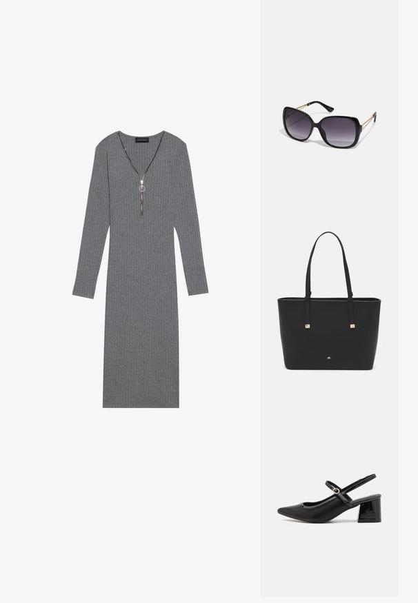 Harmaa ribbed pitkähihainen mekko, jossa on syvä V-pääntie ja hopeinen vetoketju, jossa on pyöreä vetotappi ja tiukka siluetti.; Musta lakattu nahka slingback-korkokengät, joissa on terävä kärki, pyöreä aukko-muotoilu ja lohkokorko. Varustettu kultasävyisellä solkiyksityiskohdalla.; Mustat ylisuurten kehysten aurinkolasit, joissa on liukuväri-linssit, paksut kehykset ja kultasävyiset ketjustuskoristeet temppeleissä.; Mustat olkalaukku, joka on valmistettu synteettisestä materiaalista, yksinkertainen suorakulmainen muotoilu, kultaiset nelikulmaiset yksityiskohdat ja kaksoiskahvat.