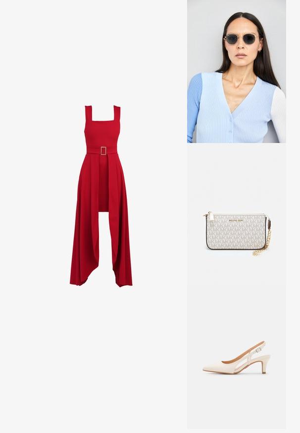 Piros ruha négyzet alakú nyakkivágással, testhez simuló felsőrésszel, széles övvel, téglalap alakú csattal, és egy függő, redőzött szoknyával.; Fehér slingback sarok, hegyes orral, sima felső anyaggal, alacsony blokk sarkával és oldalsó kivágott dizájnnal, állítható csatpánttal.; Kerek napszemüveg sötét lencsékkel és arany kerettel. A modellen világoskék, bordázott kardigán van gombokkal és kontrasztos fehér ujjaival.; Michael Kors bézs bevonatos vászon karkötő, amely ismétlődő MK logó mintával, aranyszínű fémrészletekkel és levehető lánchordóval rendelkezik.