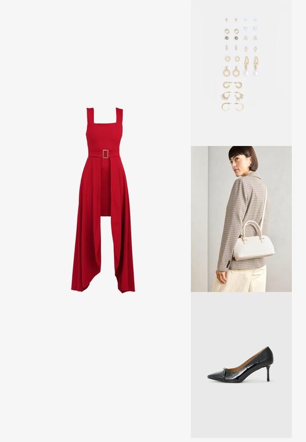 Raudona suknelė su kvadratiniu iškirpimu, prigludusi liemenė, platus diržas su stačiakampiu sagtimi ir sraigtinė, klostuota sijonas, kuris gražiai krenta.; Juodas lakinės odos aukštakulnis batelis su smailiu pirštu, dekoratyviu dirželiu priekyje ir plonu stiletu.; Balta struktūruota rankinė su trumpomis rankenomis ir peties diržu, su auksinėmis detalėmis ir tekstūruota medžiaga, pastatyta prieš pilką foną.; Auksiniai auskarai su įvairiais dizainais, įskaitant studus, žiedus ir kabančius modelius su perlų ir kristalų akcentais.