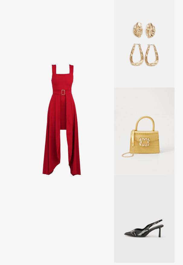 Vestido vermelho com decote quadrado, corpete ajustado, cinto largo com fivela retangular e uma saia fluida e plissada que cai.; Sapato slingback preto em pele patentada com bico apontado, tiras no tornozelo apresentando fivelas e acessórios prateados, e um salto elegante.; Bolsa amarela em pele de crocodilo falsa, com um design estruturado, pega no topo, alça de corrente removível e decoração de cristal no fecho.; Brincos em tom de ouro com formas onduladas e texturizadas. Inclui studs escultóricos com presilha e um design de argola aberta com um acabamento martelado.