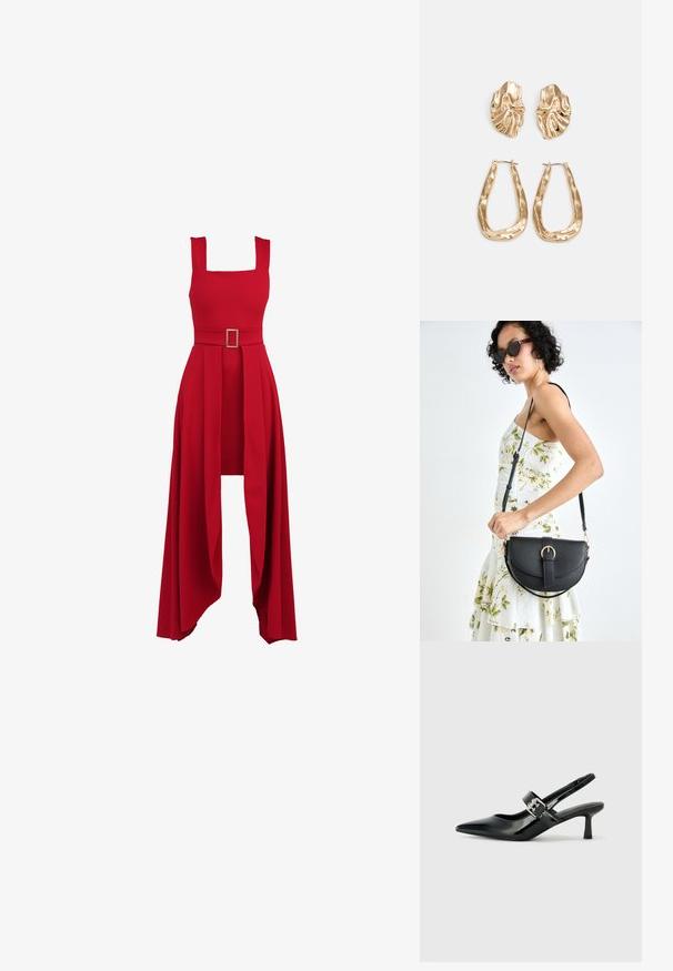 Vestido vermelho com decote quadrado, corpete ajustado, cinto largo com fivela retangular e uma saia fluida e plissada que cai.; Saltos slingback em verniz preto com bico pontiagudo e um pequeno salto bloco, apresentando um detalhe de fivela prateada na tira.; Bolsa de couro preta com forma curva, alça destacável e detalhes em dourado. A bolsa possui uma aba com detalhe de fivela.; Brincos em tom de ouro com formas onduladas e texturizadas. Inclui studs escultóricos com presilha e um design de argola aberta com um acabamento martelado.