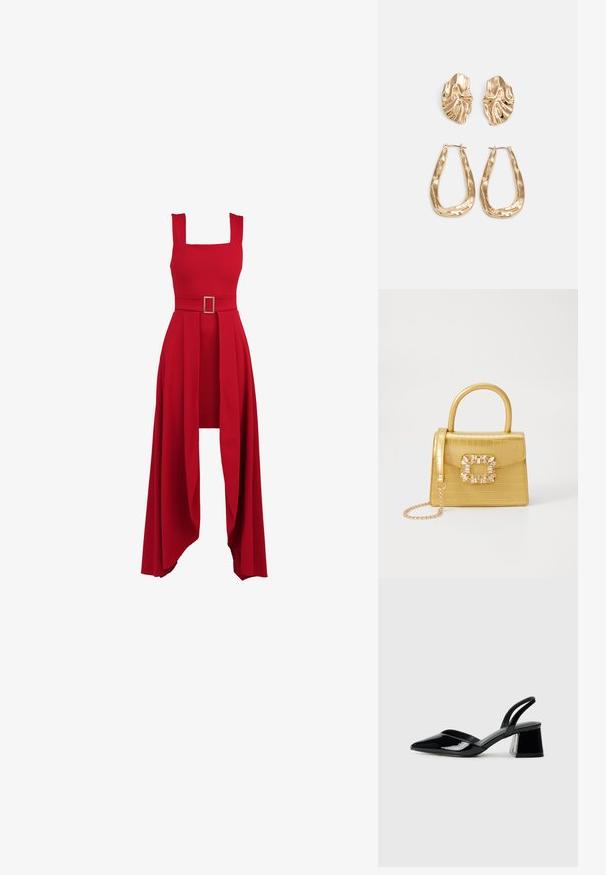 Vestido vermelho com decote quadrado, corpete ajustado, cinto largo com fivela retangular e uma saia fluida e plissada que cai.; Sandy em verniz preto com salto slingback, ponta afilada e salto geométrico. Apresenta um design elegante e minimalista com textura suave.; Bolsa amarela em pele de crocodilo falsa, com um design estruturado, pega no topo, alça de corrente removível e decoração de cristal no fecho.; Brincos em tom de ouro com formas onduladas e texturizadas. Inclui studs escultóricos com presilha e um design de argola aberta com um acabamento martelado.