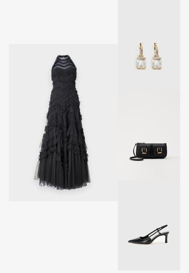 Needle & Thread ELIA HALTER NECK GOWN - Proginė apranga - graphite; Juodai lakuoti slingback aukštakulniai su smailiu nosiu, su tekstūruotu gyvatės raštu, reguliuojama juosta ir trumpu, tekstūruotu blokiniu kulnu.; Juodas odinis per petį nešiojamas krepšys su dviem priekiniais kišenėmis, auksiniais sagtimis, užtrauktuko uždarymu ir siauromis petnešomis. Textūruota paviršius ir kompaktiškas stačiakampis formatas.; Auksinės spalvos auskarai, kuriuose yra stačiakampis, skaidrus kristalas, kabantis po eile mažų, apvalių skaidrių akcentų. Šiuolaikiškas, modernus dizainas.