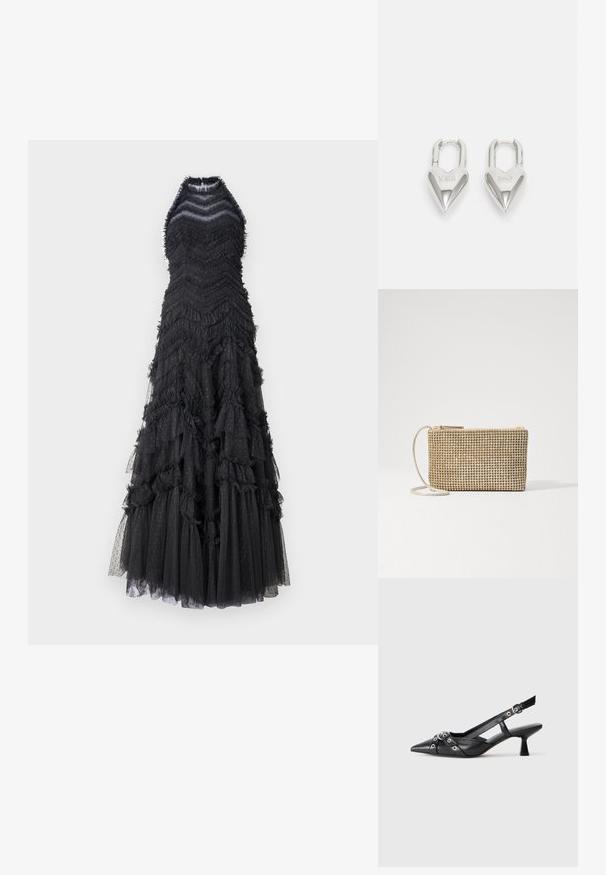 Needle & Thread ELIA HALTER NECK GOWN - Robe de cocktail - graphite; Chaussure slingback en cuir noir avec un bout pointu, des sangles décoratives avec œillets en métal et un petit talon carré. Surface texturée.; Loeffler Randall YASMINE FLAT CLUTCH - Sac bandoulière - gold; Cadenas en forme de cœur en argent avec les inscriptions gravées "OUI" et "NON", finition polie, design symétrique et un robuste fermoir en métal.