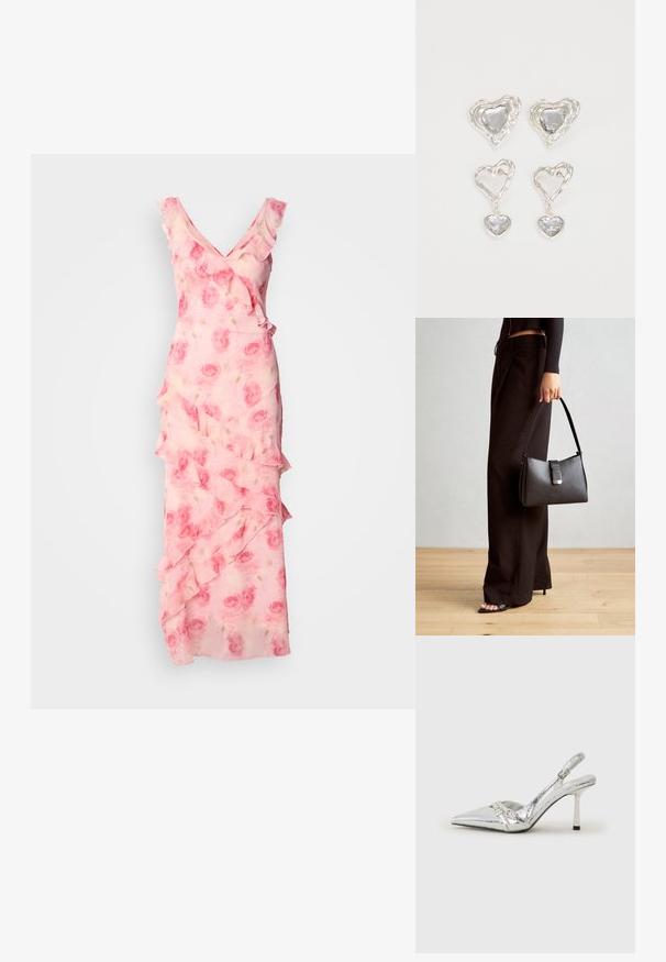Rožinė gėlių raštuota suknelė su volanais prie kaklo ir sijono. Plaukianti medžiaga, V formos iškirptė ir prigludusi siluetas su sluoksniuota detale.; Sidabriniai slingback aukštakulniai batai su smailia pavadinimu, metaliniu paviršiumi, dviem dekoratyvinėmis juostelėmis ir lieknu kulnu su juodu galiuku.; Juodas rankinė struktūrizuota forma, lygi tekstūra ir metalinis užsegimas. Suporuota su plačiomis juodomis kelnėmis ir atvirais bateliais ant medinių grindų.; Sidabrinės širdelės formos auskarai puošti facetuotais skaidriais akmenimis, su tekstūruotu rėmu. Rinkinį sudaro tiek auskarai-stud, tiek kabančios formos.