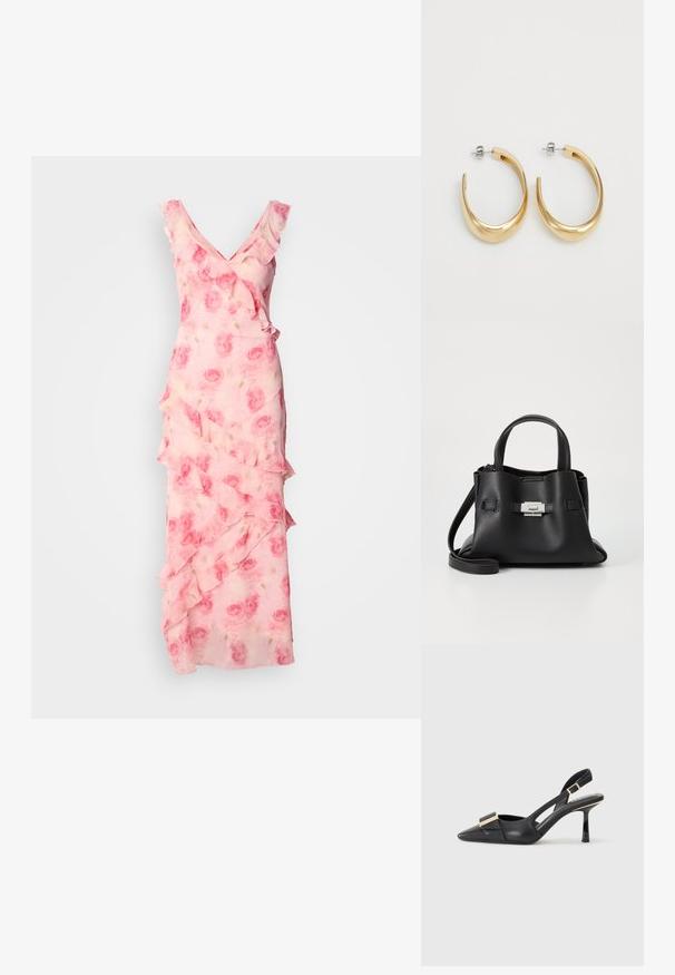 Růžové šaty s květinovým potiskem a volánky kolem výstřihu a sukňové části. Plynulá látka, design s V-výstřihem a přiléhavý silueta s vrstvenými detaily.; Černá kožená slingback obuv s špičatou špičkou, štíhlým podpatkem a akcenty zlaté barvy na vředu. Hladká textura a strukturovaný design.; Černá kožená kabelka s texturovaným povrchem, vybavená dvěma horními uchy, odnímatelným ramenním popruhem a stříbrným detailem s uzávěrem.; Zlaté kroužkové náušnice s hladkým, zakřiveným designem. Vyrobené z kovu, mají elegantní povrchovou úpravu a uzávěr s hrotem.