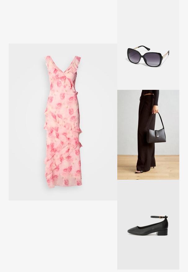 Różowa sukienka w kwiatowy wzór z falbanami wzdłuż dekoltu i spódnicy. Lekka tkanina, dekolt w kształcie litery V oraz dopasowana sylwetka z warstwowym wykończeniem.; Czarne skórzane szpilki z ostrym noskiem i niskim słupkowym obcasem. Wyposażone w pasek na kostkę z złotym zapięciem. Gładka tekstura.; Czarne oversize okulary przeciwsłoneczne z gradientowymi soczewkami, grubymi oprawkami i złotym łańcuszkiem na ramionach.; Czarna torebka o usztywnionym kształcie, gładkiej fakturze i metalowym zapięciem. Połączona z szerokimi czarnymi spodniami i sandałami na otwartym palcu na drewnianej podłodze.
