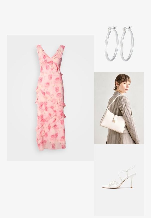 Rozā ziedu raksta kleita ar volāniem ap kakla izgriezumu un svārku. Plūstoša auduma, V veida kakla izgriezuma dizains un pieguļoša silueta ar slāņveida detaļām.; Baltas striķu augstpapēžu sandales ar plakanu pirkstu daļu, teksturētu priekšpusi ar saveltiem akcentiem un šauru potītes siksniņu.; Balta ādas rokassoma ar strukturētu dizainu, kurai ir magnētiska aizdare un plecu josta, parādīta uz neitrāla fona.; Sudraba riņķveida auss gredzeni ar gludu, pulētu apdari. Apaļa forma un drošs klikšķa augšējais slēgums. Viegls dizains, kas piemērots ikdienas valkāšanai.