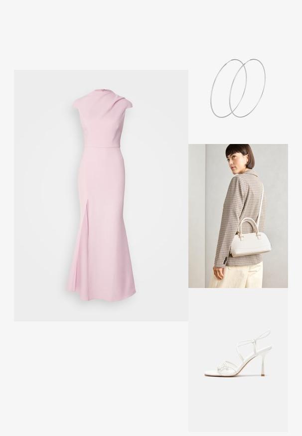 Abito senza maniche rosa con colletto alto, corpetto aderente, gonna svasata e spacco laterale, realizzato in tessuto liscio ed elastico.; Sandalo alto con tacco bianco a strisce, con una base piatta per le dita, un frontale testurizzato con dettagli arricciati e una sottile cinghia alla caviglia.; Borsa a mano bianca strutturata con manici corti e tracolla, dotata di dettagli in metallo dorato e materiale testurizzato, esposta su uno sfondo grigio.; Orecchini a cerchio in argento con un design minimalista. Forma circolare, superficie liscia e profilo sottile. Leggeri con una finitura lucida.