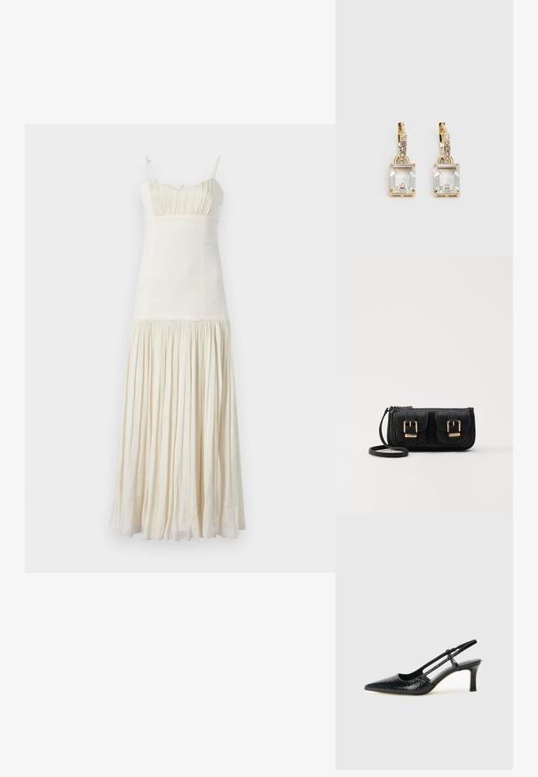 sandro ROBE - Kasdienė suknelė - ecru; Juodai lakuoti slingback aukštakulniai su smailiu nosiu, su tekstūruotu gyvatės raštu, reguliuojama juosta ir trumpu, tekstūruotu blokiniu kulnu.; Juodas odinis per petį nešiojamas krepšys su dviem priekiniais kišenėmis, auksiniais sagtimis, užtrauktuko uždarymu ir siauromis petnešomis. Textūruota paviršius ir kompaktiškas stačiakampis formatas.; Auksinės spalvos auskarai, kuriuose yra stačiakampis, skaidrus kristalas, kabantis po eile mažų, apvalių skaidrių akcentų. Šiuolaikiškas, modernus dizainas.