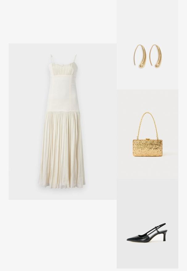 sandro ROBE - Nappali ruha - ecru; Fekete lakk slingback sarok, hegyes orral, texturált kígyómintával, állítható pánttal és rövid, texturált tömbsarkal.; Arany flitteres clutch táska, téglalap alakú, csavart lánckarabinerekkel és fém záródással, mely fényt tükröz a textúrált felületének köszönhetően.; Aranyszínű fémből készült karika fülbevalók ívelt, hosszúkás formával. Simaságával és fényes felületével, valamint lekerekített végével további részletekkel bővül.