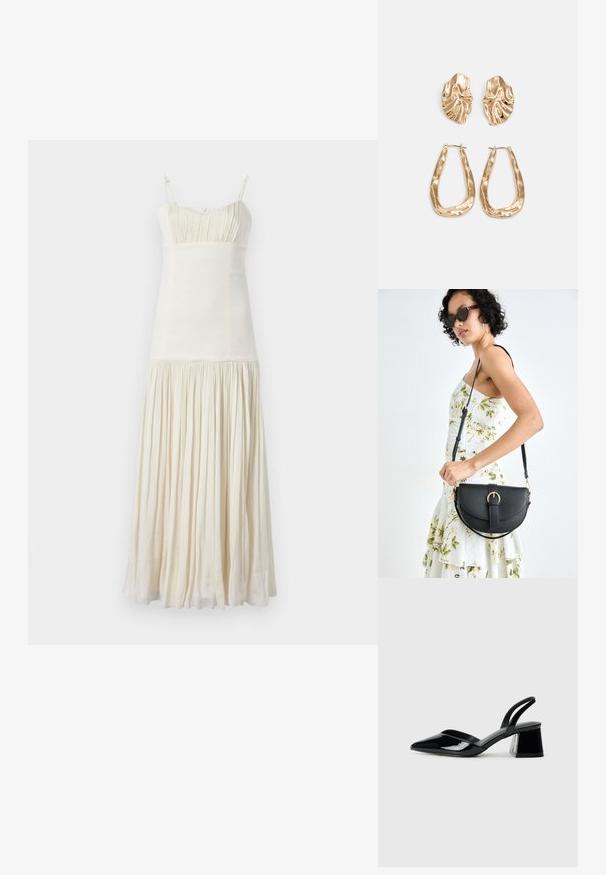 sandro ROBE - Robe de jour - ecru; Escarpins en cuir verni noir avec bout pointu et talon bloc géométrique. Présente un design élégant et minimaliste ainsi qu'une texture lisse.; Sac à main en cuir noir avec une forme courbée, bandoulière amovible et des accessoires en or. Le sac est doté d'un rabat avec un détail de boucle.; Boucles d'oreilles dorées présentant des formes texturées et ondulées. Comprend des clips sculpturaux et un design de créoles ouvertes avec une finition martelée.