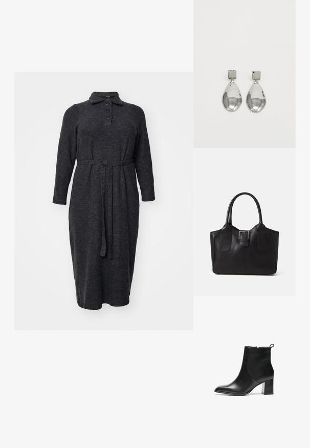 Sötét szürke, hosszú ujjú ruha, puha anyagból készült, galléros nyakkivágással, öt gombbal ellátott nyitott résszel és megkötős derékkal a kialakítás érdekében.; Fekete bőr bokacsizma kerek orral, közepes magasságú blokk sarkával és hátsó húzófüllel. Sima felület, minimalista kialakítás.; Fekete bőr bevásárlótáska sima textúrával, strukturált formával, két fogantyúval és egy figyelemfelkeltő ezüst csattal az elején.; Ezüst csepp fülbevalók négyzet alakú fülbevalóval, sima, fényes felülettel és csepp formával, amely fényt tükröz egy fényes felületen.