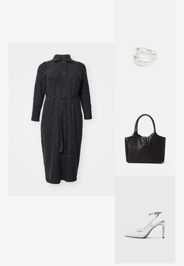 Mørkegrå langærmet kjole lavet af blødt stof, med krave, fem knaplukninger og en bundet talje for form.; Gennemsigtig stiletto hæl sko med spidse tæer, gennemsigtigt materiale, metalliske sølv accenter og justerbar ankelrem.; Sort læder tote taske med glat tekstur, struktureret form, to håndtag og en fremtrædende sølvspænde detalje på forsiden.; Sølvring med dobbeltbånd og en glat, poleret overflade. Den har et flydende, buet design med overlappende sektioner for et moderne udtryk.