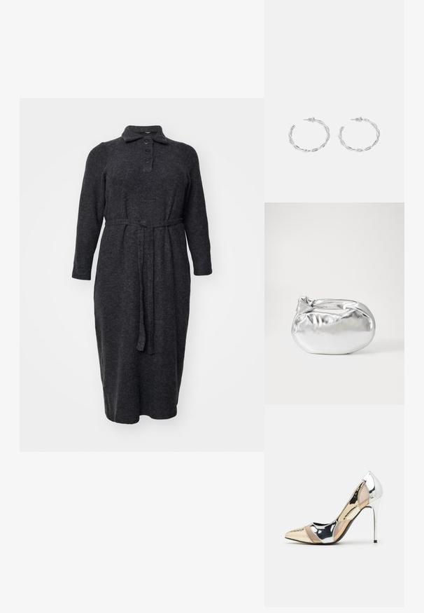 Dunkelgraues Langarmkleid aus weichem Stoff, mit einem kragenähnlichen Ausschnitt, einer Knopfleiste mit fünf Knöpfen und einem gebundenen Gürtel für eine taillierte Form.; Spitz zulaufender High-Heel-Schuh in einer Farbgestaltung aus Silber, Gold und Nude. Glänzende Oberfläche mit Ausschnittdesign und stiletto Absatz.; Silberne metallic Pouch-Tasche mit einer sanften, abgerundeten Form und einem geknoteten Verschluss oben. Hergestellt aus glattem Kunstleder.; Silberne Creolen mit gedrehter Gestaltung, ausgestattet mit einer polierten Oberfläche und einer Steckverschluss. Sie haben einen Durchmesser von ca. 3 cm.