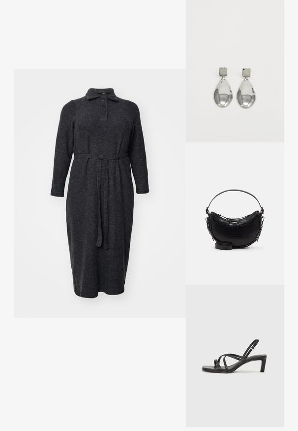 Rochie lungă, gri închis, dintr-un material moale, cu un guler clasic, un nasture cu cinci butoane și o talie legată pentru a evidenția forma.; Sandal cu barete negre, cu vârf pătrat și toc mic de bloc. Prezintă mai multe barete subțiri și o bareta ajustabilă la gleznă. Fabricat din piele netedă.; Geantă neagră din piele cu model croco, cu o formă curbată, curea de umăr detașabilă și un accent metalic elegant pe față.; Cercei din argint cu stud pătrat, având un finisaj neted și lustruit, într-o formă de lacrimă, care reflectă lumina cu o suprafață lucioasă.