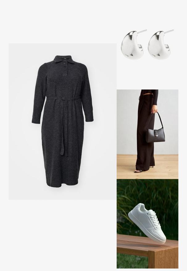 Mørkegrå langærmet kjole lavet af blødt stof, med krave, fem knaplukninger og en bundet talje for form.; Hvid sneaker med en glat syntetisk overdel, perforeret tåboks, flade snørebånd og en tekstureret sål, præsenteret på en træoverflade.; Sort håndtaske med struktureret form, glat overflade og metalspænde. Sammen med brede sorte bukser og sandaler med åben tå på trægulv.; Sølv stud øreringe med et glat, buet design. De har en poleret overflade og en stift, der sikrer sikker bæring.