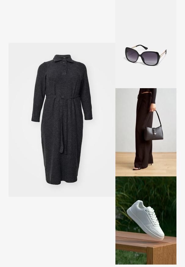 Mørkegrå langærmet kjole lavet af blødt stof, med krave, fem knaplukninger og en bundet talje for form.; Hvid sneaker med en glat syntetisk overdel, perforeret tåboks, flade snørebånd og en tekstureret sål, præsenteret på en træoverflade.; Sorte oversized solbriller med gradientlinser, tykke stel og guldfarvet kæde detaljer på tempelarmene.; Sort håndtaske med struktureret form, glat overflade og metalspænde. Sammen med brede sorte bukser og sandaler med åben tå på trægulv.