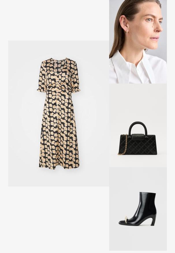 Baum und Pferdgarten AMMY - Rochie tip cămașă - orange; Cizme negre peste glezna, realizate din piele lucioasă, cu vârf ascuțit și un accent decorativ aurii și argintii în față. Design cu toc pătrat.; Geantă de mână neagră din piele texturată, cu un model în diamant, curea din lanț cu ton auriu și un mânere superior cu o închidere cu clapetă embosată cu logo.; Cercei din aur în formă de cerc, cu un mic accent decorativ din gemă. Purtați de un model cu păr drept, asortați cu o cămașă albă cu guler.