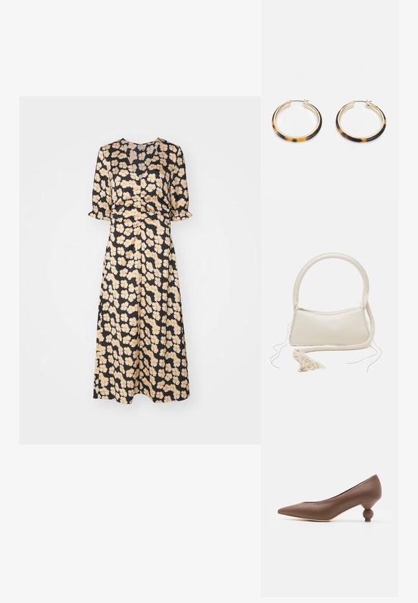 Baum und Pferdgarten AMMY - Ingruha - orange; Barna bőrből készült, hegyes orrú pumpa, egyedi kerek sarokkal. Simább textúra, elegáns dizájn és minimalista részletezés.; Krém színű táska lekerekített füllel, cipzáras záródással és bojtos részlettel. Simább bőrfelülete és kontrasztos szövet díszítése van.; Arany tónusú karika fülbevalók teknősbékalábas mintázatú gyantaszegéllyel, sima felülettel és elegáns, kör alakú formával.