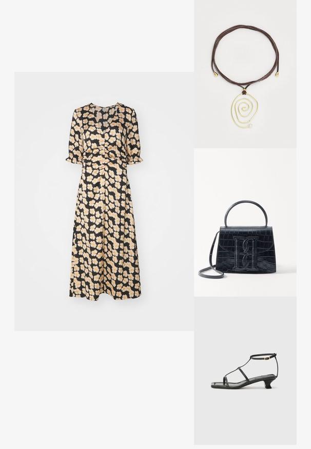 Baum und Pferdgarten AMMY - Tričkové šaty - orange; Čierna kožená sandála so štvorcovou špičkou, tenkými popruhmi, nastaviteľným pásikom okolo členka a nízkym podpätkom. Obsahuje malý zlatý akcent na popruhu.; Čierna kabelka z krokodílovej embosovanej kože so štruktúrovaným dizajnom, horným uchom, nastaviteľným popruhom a výrazným predným logom.; Zlatý spirálový prívesok s bielou perlou na hnedom koženom šnúrky. Prívesok má hladké, plynulé línie a kovové akcenty.