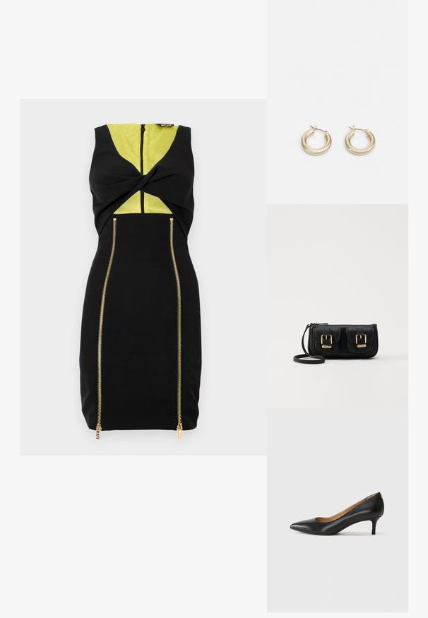 Čierne šaty s žltým panelom, predným zatočením a zlatými zipsami na bokoch pre zvýraznenie dizajnového kontrastu.; Čierny kožený podpatek s špicatou špičkou, nízkym opätkom a hladkým povrchom. Obsahuje mierne otvorenie vpredu a minimálne kovové detaily na zadnej strane.; Čierna kožená crossbody taška s dvoma prednými vreckami, zlatými sponami, zipsovým uzatváraním a úzkym popruhom. Štruktúrovaný povrch a kompaktný obdĺžnikový tvar.; Lauren Ralph Lauren BASIC SMALL HOOP - Náušnice - gold-coloured