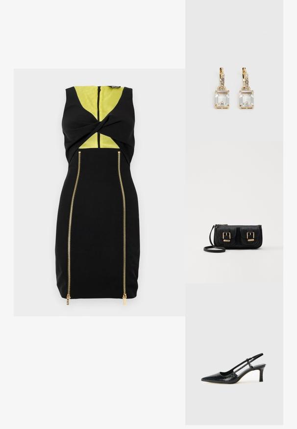Fekete ruha sárga panellel, elülső csavart részlettel és arany cipzárakkal az oldalán, hogy fokozza a dizájn kontrasztot.; Fekete lakk slingback sarok, hegyes orral, texturált kígyómintával, állítható pánttal és rövid, texturált tömbsarkal.; Fekete bőr keresztbody táska két elülső zsebbel, arany csattokkal, cipzáras záródással és vékony pánttal. Textúrált felület és kompakt téglalap alak.; Aranyszínű fülbevalók, melyek egy téglalap alakú, tiszta kristállyal díszítették, ami egy sor kis, kerek, tiszta kiegészítő alatt lóg. Letisztult, modern dizájn.