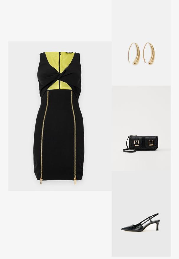 Rochie neagră cu un panou galben, detaliu de răsucire frontal și fermoare aurii de-a lungul lateralei pentru un contrast de design adăugat.; Pantofi cu toc slingback negri din patent, cu vârf ascuțit, cu imprimeu de șarpe texturat, curea ajustabilă și toc scurt texturat.; Geantă neagră din piele, tip crossbody, cu două buzunare frontale, catarame aurii, închidere cu fermoar și o curea subțire. Suprafață texturată și formă rectangulară compactă.; Cercei din metal auriu, cu un design curbat și alungit. Au o suprafață netedă și strălucitoare, cu un vârf rotunjit pentru un detaliu suplimentar.
