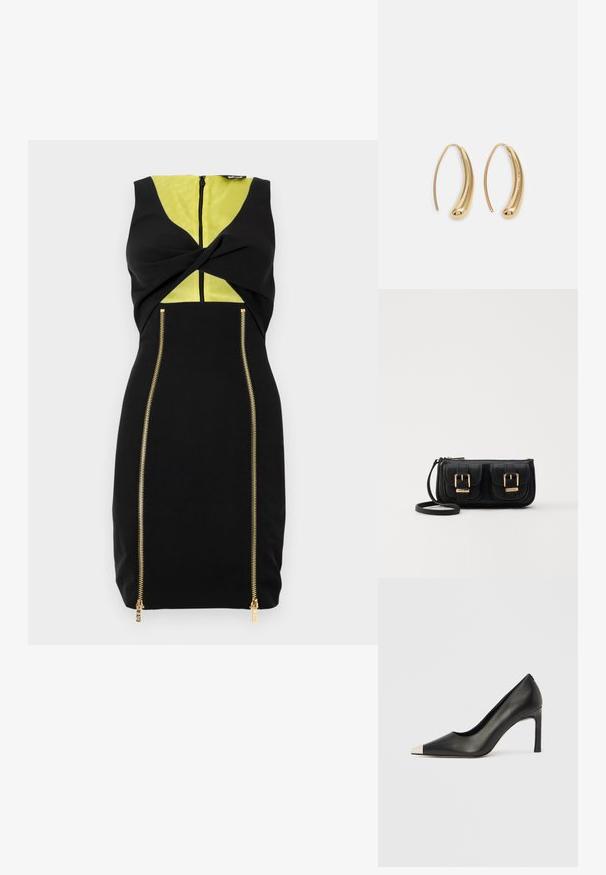 Must mustriga, millel on kollane paneel, esikraanipöördesse detail ja kuldsed tõmblukud külgedel, mis lisavad kujundusele kontrasti.; Mustast nahast kõrge kontsaga king terava varba ja metallik hõbedase otsikuga. Iseloomustab sile viimistlus ja sihvakas 10 cm konts.; Must küllastamata nahast õlakott, millel on kaks esist nähtavat taskut, kuldsed pandlad, tõmblukuga sulgemine ja peen rihm. Tekstuuriga pind ja kompaktne ristkülikukujuline kuju.; Kuldtoonilised metallist rõngas kõrvarõngad, millel on kõver ja piklik kuju. Omavad siledat, läikivat pinda ja ümarat tipptugevdust, mis lisab detaili.