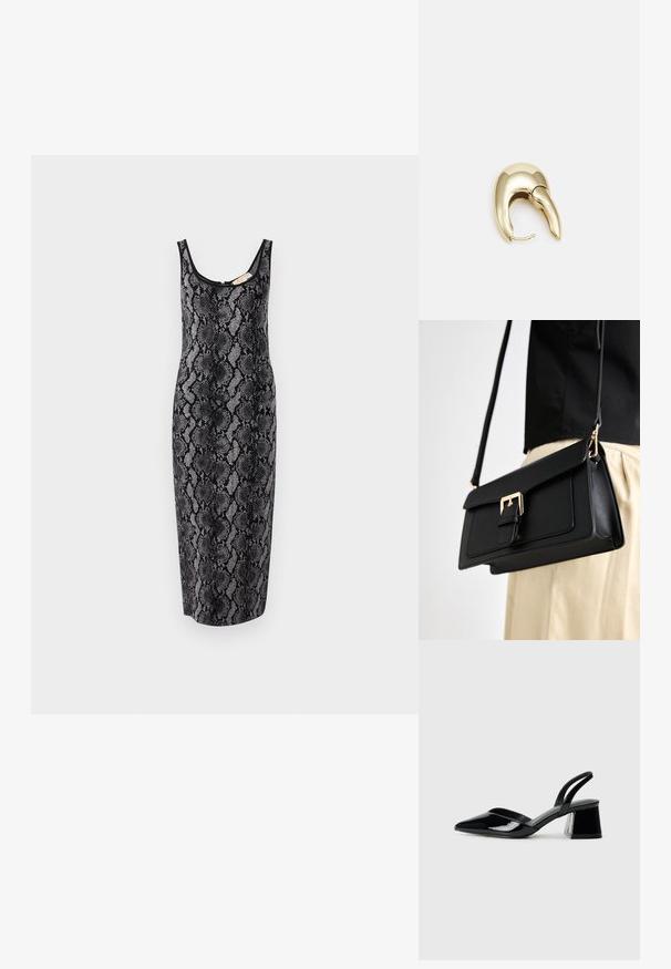 MICHAEL Michael Kors VIPER - Strikket kjole - black; Svarte patentlær slingback hæler med spiss tå og geometrisk blokk hæl. Har et stilrent, minimalistisk design og jevn tekstur.; Svart faux skinnveske med lukking i gulltone, flat design og justerbar stropp, vist mot en lys bakgrunn.; Gullfarget metalløredobber med et elegant, buet design. Har en karakteristisk spiss form, polert overflate og hengsel-lukking.