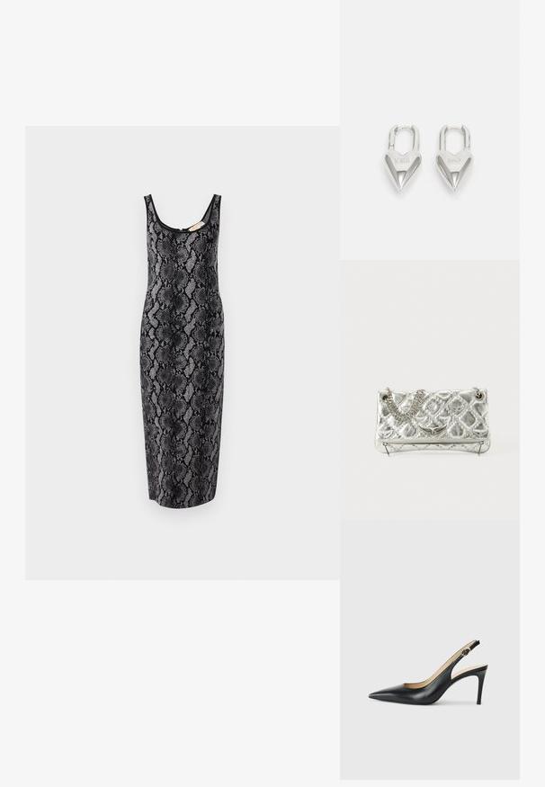MICHAEL Michael Kors VIPER - Rochie tricotată - black; Cizme negre din piele cu toc înalt slingback, cu vârf ascuțit, curea ajustabilă și un toc stiletto elegant, având un finisaj neted.; Geantă de umăr argintie din metal, cu mânere din lanț, textură matlasată, cusături decorative și închidere cu fermoar. Are accente embossate pe față.; Lacate în formă de inimă, argintii, cu inscripții gravate "DA" și "NU", finisaj lustruit, design simetric și un închizător robust din metal.