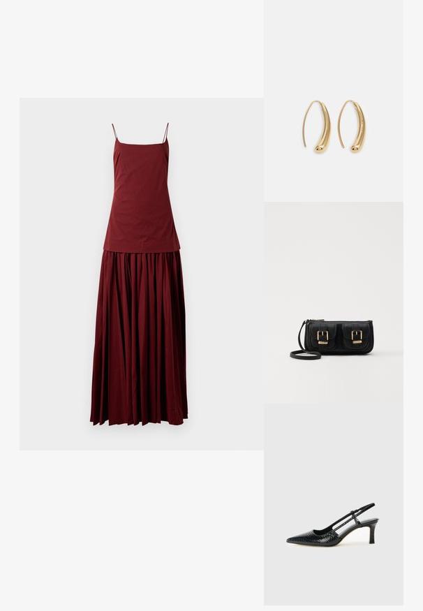 Apģērbs bez piedurknēm, tumši sarkans, ar pieguļošu augšdaļu un plūstošu, krokotu svārku. Izgatavots no viegla auduma, ar plānām spageti siksnām.; Melna patent āda ar slīdošo papēdi un smailo purngalu, ar teksturētu čūsku drukājumu, regulējamu siksniņu un īsu teksturētu blokpapēdi.; Melnas ādas crossbody soma ar divām priekšējām kabatām, zelta sprādzēm, ar rāvējslēdzēju aizdari un šauru siksnu. Strukturēta virsma un kompakta taisnstūra forma.; Zelta toņu metāla gredzena auskari ar izliektu, pagarinātu formu. Ar gludu, spīdīgu virsma un noapaļotu galu papildu detaļām.