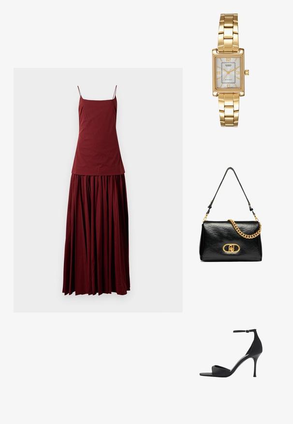 Bezramienna burgundowa sukienka z dopasowaną górą i zwiewną, plisowaną spódnicą. Wykonana z lekkiego materiału, z cienkimi ramiączkami.; Mango - Sandały na obcasie; Czarna skórzana torba na ramię o pomarszczonej fakturze, z złotym łańcuszkiem i wyraźnym złotym zapięciem z owalnym logo. Regulowany pasek na ramię.; Złoty prostokątny zegarek na nadgarstek z białą tarczą, srebrnymi znacznikami godzin i wytrzymałym metalowym bransoletą. Wbudowana funkcja wodoodporna.