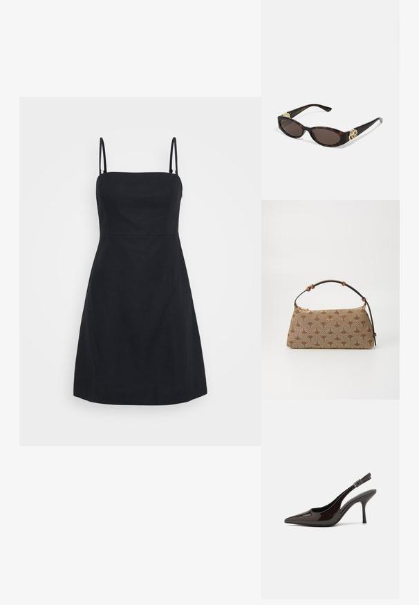 Musta mekko ohuilla olkaimilla, tiukasti istuva bodice ja leveä helma. Valmistettu sileästä kankaasta, jossa on puhdas, yksinkertainen muotoilu ilman näkyviä kuvioita.; Korkokenkät tummanruskeasta kiiltävästä patenttinnahasta, teräväkärkiset, avoimet sivut ja säädettävä nilkkaremmi.; Silmärilakkiset tortoiseshell-aurinkolasit, joissa on pitkänomaiset ovaalit linssit, ruskea sävy, kultaiset logo-koristeet temppeleissä ja sulavalinjaiset mustat varret.; Ruskea, kuviollinen käsilaukku, jossa on teksturoitu kangas, ruskea nahkahihna ja kultainen logo yksityiskohtana vaaleanbeigen taustan päällä. Kaareva, jämäkkä muoto.