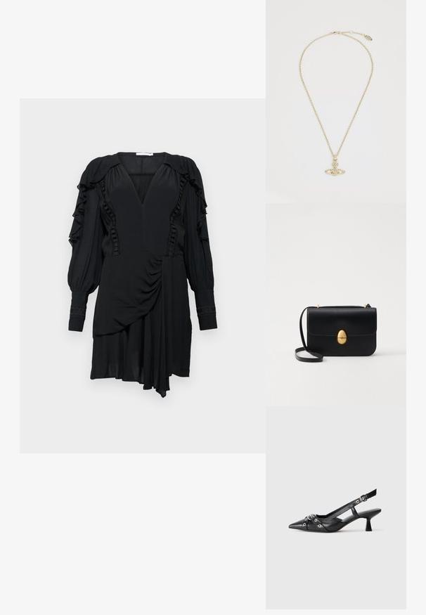 Fekete ruha fodros ujjakkal, mély V-nyakkivágással és aszimmetrikus szegéllyel. Texturált díszítések találhatók a fazonban és az ujjakon. Puha anyag.; Fekete bőr slingback cipő hegyes orral, dekoratív pántokkal, fém szemekkel és alacsony blokk sarkú. Texturált felület.; Fekete bőr kézitáska, struktúrált, téglalap alakú formával. Arany ovális kapoccsal és vékony vállpánttal rendelkezik. Sima textúrájú.; Vivienne Westwood MAYFAIR BAS RELIEF PENDANT - Nyaklánc - gold-coloured