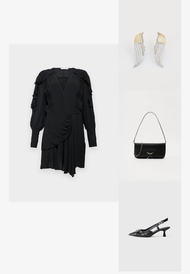 Fekete ruha fodros ujjakkal, mély V-nyakkivágással és aszimmetrikus szegéllyel. Texturált díszítések találhatók a fazonban és az ujjakon. Puha anyag.; Fekete bőr slingback cipő hegyes orral, dekoratív pántokkal, fém szemekkel és alacsony blokk sarkú. Texturált felület.; Fekete bőrtáska ezüstlánc pánttal, díszes szárnyakkal és fehér varrással az alsó varrat mentén.; Két szárnyformájú fülbevaló, ezüstszínű fémből, átlátszó, kerekre csiszolt strasszokkal és aranyszínű fémbetétekkel, rétegezett kialakítással.