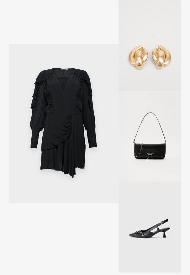 Crna haljina s naboranim rukavima, dubokim V-izrezom i asimetričnom donji dijelu. Sadrži teksturirane naglaske duž tijela haljine i rukava. Mekani materijal.; Crne kožne cipele s remenom oko pete, s izduženim vrhom, dekorativnim trakama s metalnim rupama i niskom blok petom. Teksturirana površina.; Crna kožna torba s srebrnim lanac strapom, s dekorativnim krilnim naglascima i bijelim šavovima duž donjeg šava.; Nakit od zlatnog metala s ušicama koje imaju uvijeni dizajn s glatkom, sjajnom površinom i zaobljenim oblicima. Svaka ušica mjeri otprilike 5 cm.