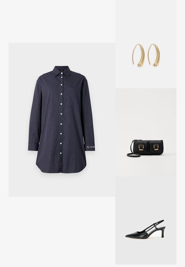 Marineblauw button-up shirt met verticale strepen, lange mouwen, een klassieke kraag, een enkele borstzak en tekstdetail op de mouw.; Zwart patent slingback hak met een spitse neus, voorzien van een gestructureerde slangenprint, verstelbare band en een korte, gestructureerde blokhak.; Zwarte leren schoudertas met twee vo pockets, gouden gespen, ritsluiting en een smalle band. Tekstuur oppervlak en compacte rechthoekige vorm.; Gouden metalen oorbellen in de vorm van een gebogen, verlengde hoop. Kenmerkend zijn het gladde, glanzende oppervlak en de afgeronde punt voor extra detail.