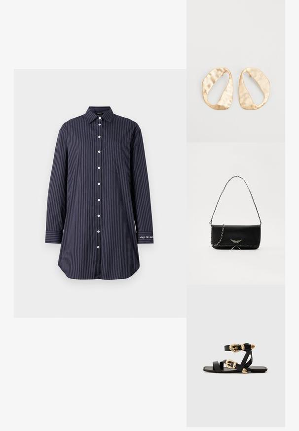 Camisa de uniforme azul marino con rayas verticales, mangas largas, cuello clásico, un bolsillo en el pecho y detalle de texto en la manga.; Sandalias de cuero negro con acentos de hebillas doradas, que cuentan con múltiples correas y un diseño de suela plana para usar con los dedos al aire.; Bolso de mano de cuero negro con una correa de cadena plateada, que presenta acentos decorativos en forma de alas y costuras blancas a lo largo de la costura inferior.; Un par de pendientes de metal dorado en forma de óvalo irregular con una superficie texturizada y ligeramente martillada sobre un fondo blanco.
