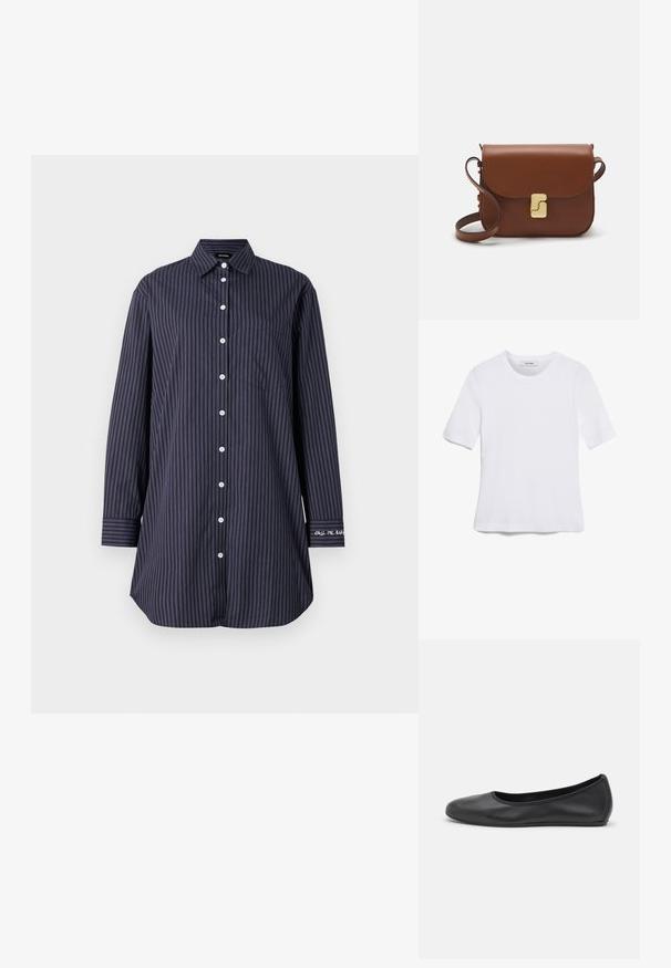 Granatowa koszula z długim rękawem, w pionowe pasy, z klasycznym kołnierzykiem, pojedynczą kieszenią na piersi i detalem tekstowym na rękawie.; Biała koszulka krótki rękaw wykonana z materiału prążkowanego. Okrągły dekolt, regularny krój i subtelne detale szwów. Bez wzorów ani grafik.; Czarne skórzane baletki z zaokrąglonym noskiem, gładką fakturą, minimalnymi przeszyciami i elastycznym designem podeszwy.; Brązowa skórzana torebka na ramię z klapką, złotymi detalami, paskiem na ramię i gładką teksturą. Kompaktowy prostokątny kształt.