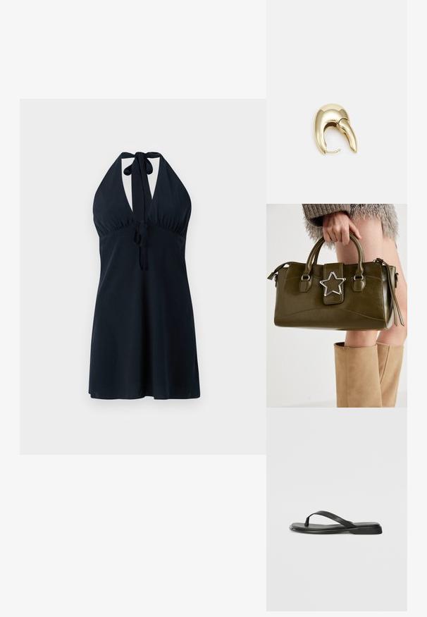 Tmavomodrá halter šaty s hlbokým výstrihom, zberaným pásom a viazaním na krku a páse. Hladká tkanina s plynulým siluetou.; Čierne šľapky vyrobené z hladkej kože, s tenkým pásikom a plochou podrážkou s minimalistickým profilom. Bez výrazných vzorov alebo akcentov.; Olive zelená kabelka z faux kože s striebornou hviezdou, dvojitými uchami a zipsovým uzáverom. Textúrovaný povrch a štruktúrovaný tvar.; Náušnice z kovu v zlatej farbe s elegantným, zakriveným dizajnom. Majú charakteristický špicatý tvar, leštený povrch a uzáver na pánt.