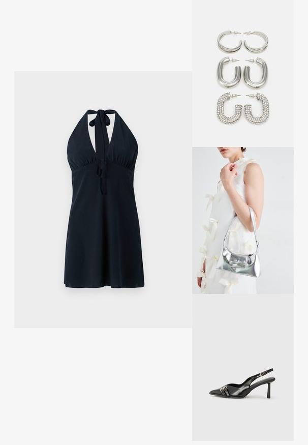 Rochie halter de un albastru închis, cu un decolteu adânc, talie strânsă și codițe la gât și talie. Țesătură netedă cu o siluetă fluidă.; Pantofii slingback din piele lăcuită neagră, cu vârf ascuțit, bretele pentru gleznă cu catarame și accesorii din argint, și un toc subțire.; Geantă metalică argintie cu o formă structurată, având un mâner superior și un detaliu sub formă de fundă pe față. Textură netedă, finisaj reflexiv.; Patru perechi de cercei din argint: două modele elegante de cercei cerc, unul texturat și unul acoperit cu mici pietre strălucitoare transparente.