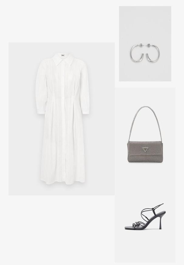 Rochie albă, cu nasturi, cu guler, mâneci până la trei sferturi, dungi verticale și o siluetă fluidă tip A-line.; Sandale negre cu toc înalt au curele subțiri cu un design legat, un vârf pătrat neted și un toc stiletto elegant.; Geantă metalică gri deschis, cu un strap din lanț, decorată cu mici ținte circulare metalice și un logo de marcă triangular.; Cercei rotunzi din argint cu un finisaj neted și strălucitor. Design ușor, având o formă rotundă și închidere cu tijă.