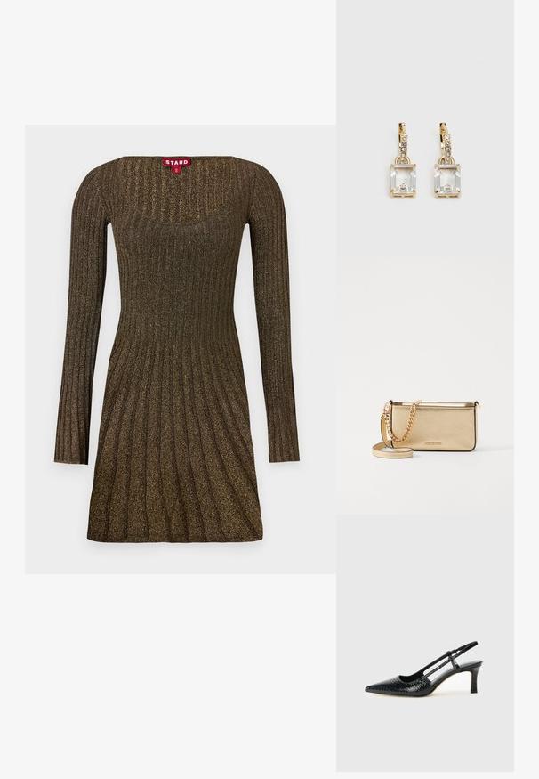 Wzorzysta sukienka dzianinowa z długimi rękawami, w odcieniu brązowym z delikatnym połyskiem, z prostokątnym dekoltem i rozszerzanym krojem.; Czarne lakierowane czółenka na obcasie typu slingback z wąskim noskiem, z teksturowanym wzorem wężowym, regulowanym paskiem oraz krótkim, teksturowanym obcasem w kształcie słupka.; Metaliczna złota skórzana kopertówka z teksturowanym wykończeniem, z złotą łańcuszkową rączką i odpinanym paskiem na ramię. Wytłoczone logo marki.; Złote kolczyki z prostokątnym, przezroczystym kryształem zwisającym poniżej rzędu małych, okrągłych, przezroczystych akcentów. Elegancki, nowoczesny design.